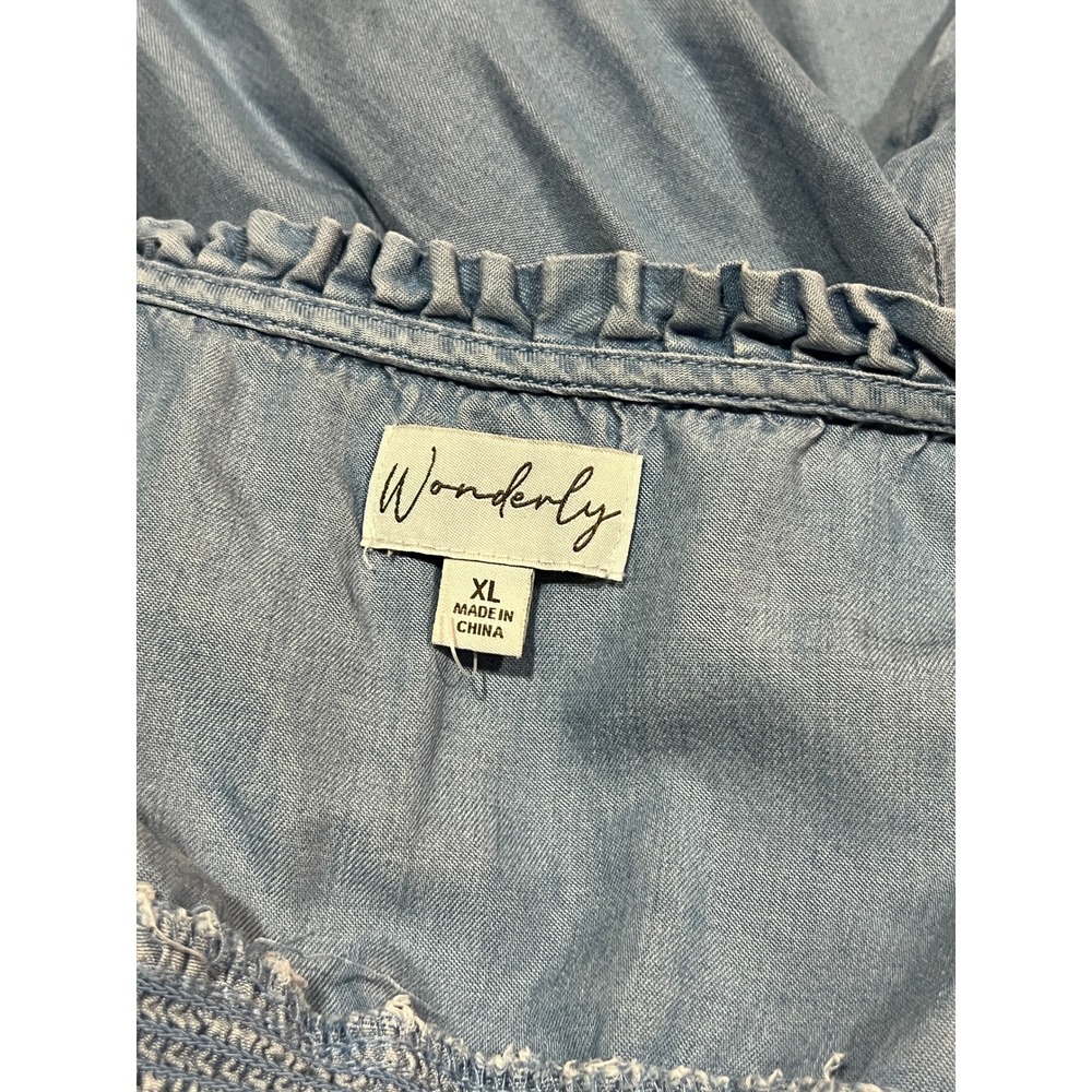 Wonderly Women's XL Blue Denim Tunic Ruffle Smocked Boho Peasant 3/4 Sleeve - Picture 5 of 6
